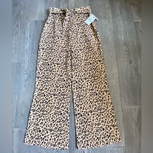 Leith, Tan Sketched Animal Print wide leg trousers with waist tie.